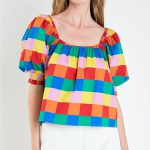 English Factory SQUARE NECKLINE PUFF SLEEVE
CHECKERED TOP